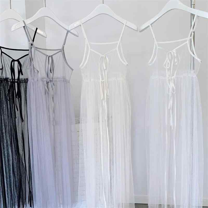 ワンピース レディース チュール キャミソール スカート 韓国風 レイヤード シースルー ロング丈 リボン ポリエステル 文芸復古 白 杏色 グレー 黒