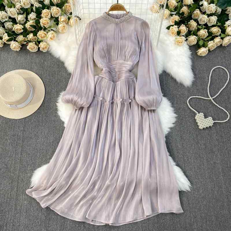 ワンピース レディース 長袖 立襟 Aライン プリーツ ロングワンピース 膝下丈 ポリエステル 高腰 淡色 オフホワイト ラベンダー 通勤 お出かけ
