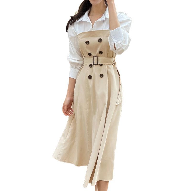 ワンピース レディース エレガント きれいめ ダブルブレスト シャツ 異素材切り替え Aライン 五分袖 膝丈 ミディアム丈 ポリエステル ブラック 杏色