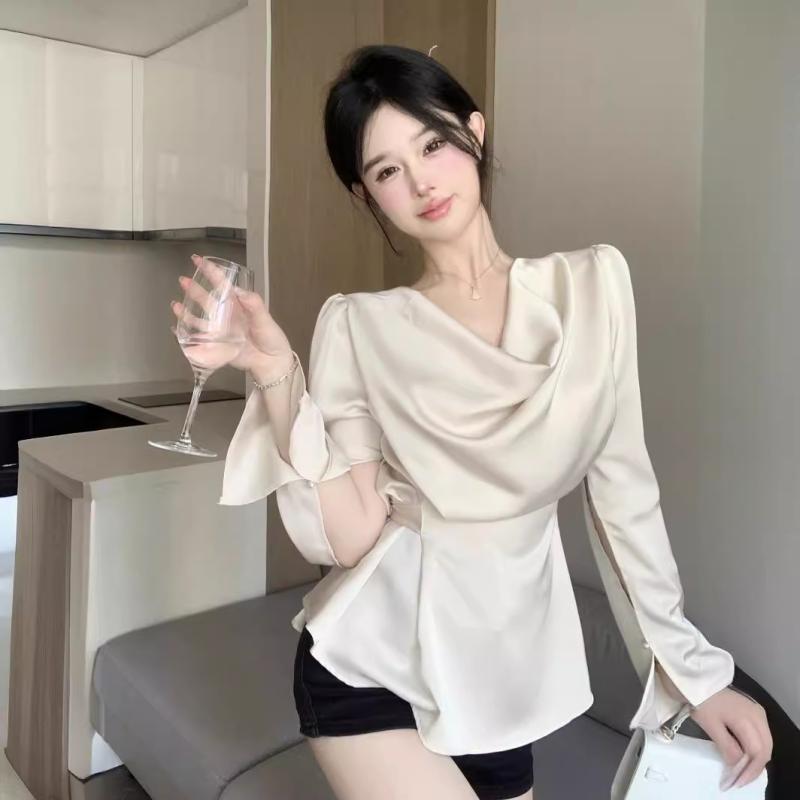 シャツ レディース 長袖 春物 絹 シルク サテン ギャザー ドレープ エレガント オフィス カジュアル トップス きれいめ おしゃれ 上品 ホワイト 白