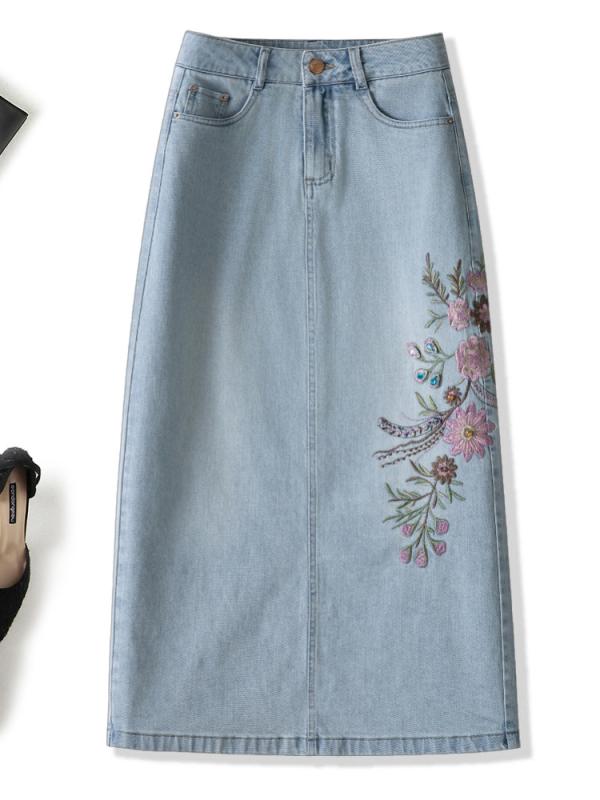 スカート レディース デニムスカート Aライン 花柄 刺繡 釘打ち ブルー カジュアル ミモレ丈 膝下丈 大..
