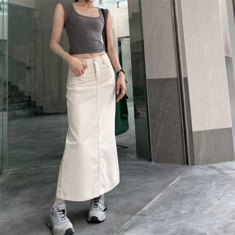 デニムスカート レディース ハーフ丈 タイトスカート ホワイト XS S M L XL ハイウエスト スリット アクリル 綿 夏 無地 きれいめ カジュアル 通勤