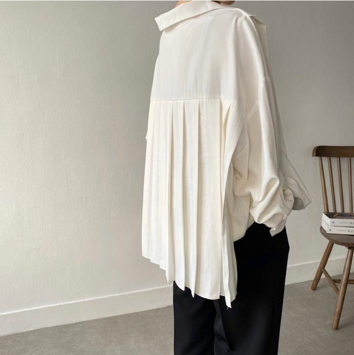 シャツ レディース 春秋 韓国風 デザイン 長袖 襟付き ポリエステル 褶皱 宽松 トップス ブラウス 通勤 オフィス カジュアル きれいめ かわいい ホワイト ブラック