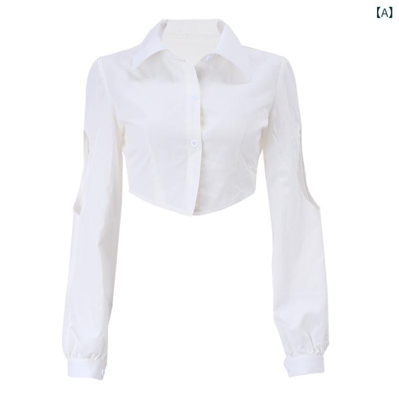 シャツ レディース 長袖 ポロネック ポリエステル 接触冷感 へそ出し トップス 春秋 カットソー 襟付き 無地 スリム ショート丈 白