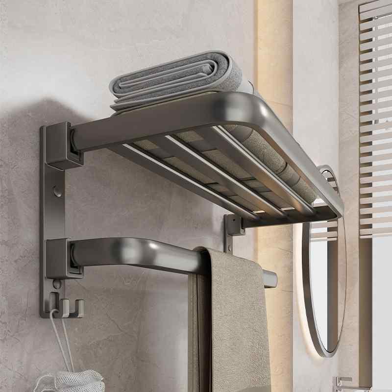 タオルラック 浴室用ラック 壁掛け棚 タオルバー トイレラック アルミ製 穴あけ不要 枪灰色 黒色 ダブル シングル 折りたたみ 固定