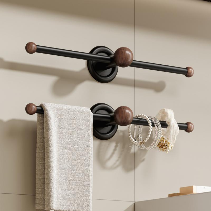 タオル掛け バスルームタオルハンガー 浴室 シングルバー 壁掛け式タオルバー 収納ラック ウォールシェルフ 炭素鋼 胡桃木色 ビーチ材