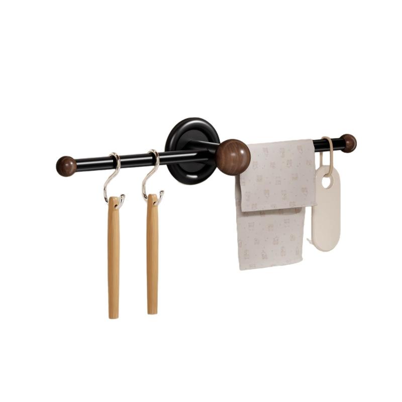 タオルラック 中古風 タオル掛け 浴室 洗面所 壁掛け 穴あけ不要 バスタオル収納 ヘアゴム収納 小物置き フック付き アイアン 胡桃木色 ビーチ材