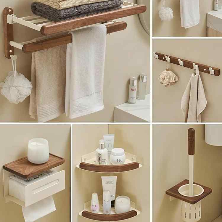 タオル掛け バスラック 壁掛け式 浴室用ラック 胡桃木xアルミ合金製 穴あけ不要 バスルーム収納棚 タオルバー付き 物置棚 浴室 洗面所 収納ラック