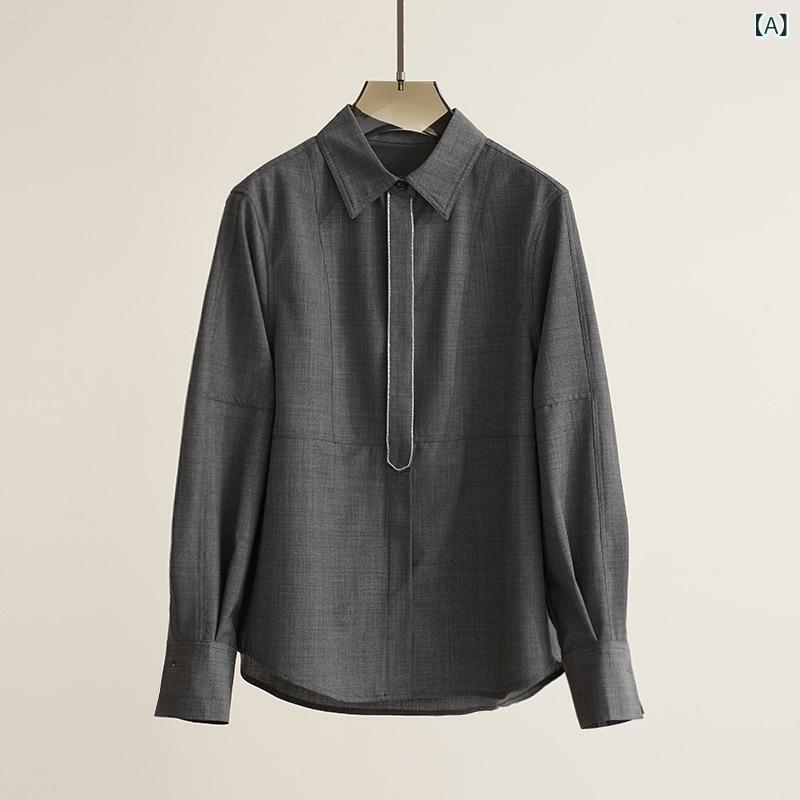 シャツ レディース 羊毛混紡 長袖 トップス 襟付き プルオーバー 灰色 ゆったり 日韓 カジュアル