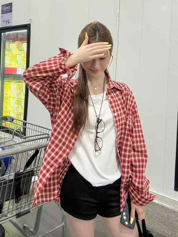シャツ レディース 長袖 赤 格子柄 襟付き コットン 開襟 接触冷感 ゆったり 大きいサイズ 春夏