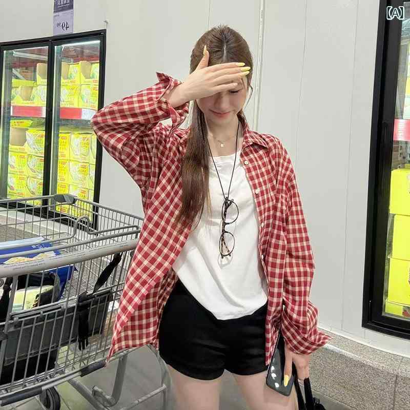 シャツ レディース 長袖 赤 格子柄 襟付き コットン 開襟 接触冷感 ゆったり 大きいサイズ 春夏