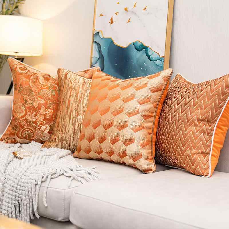 クッション 幾何学模様 オレンジ色 サテン ソファ 抱き枕 カバー 30×50cm 45×45cm 50×50cm 美式 モダン シンプル(3.0)