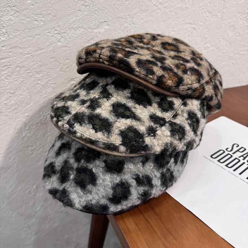 Knit Hat - ハンチング レディース 秋冬 ヒョウ柄 暖かい 小顔効果 ベルベット ベレー帽 帽子 コーヒー色 グレー ベージュ