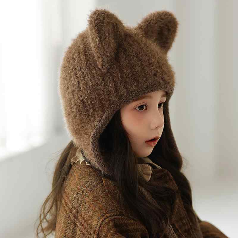 Knit Hat - 帽子 キッズ 秋冬 ニット帽 防寒 ベビー あったか ニット キャップ 包頭 伸縮性 かわいい 幼児 男の子 女の子 46-54cm ブラウン ブラック パープル