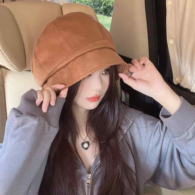 Knit Hat - 帽子 レディース 秋冬 ベレー帽 スエード調 大頭 囲 八角帽 レトロ クラシカル 日よけ 防寒 あったか スエード