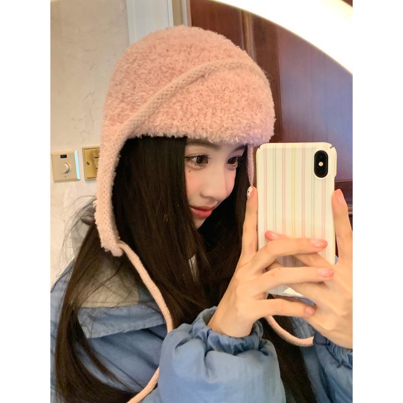 ニット帽 レディース 秋冬 防寒 あったか フライトキャップ 耳当て付き かわいい 小顔効果 白色 ブルー 大赤 ピンク 深咖 羊毛 羔羊毛