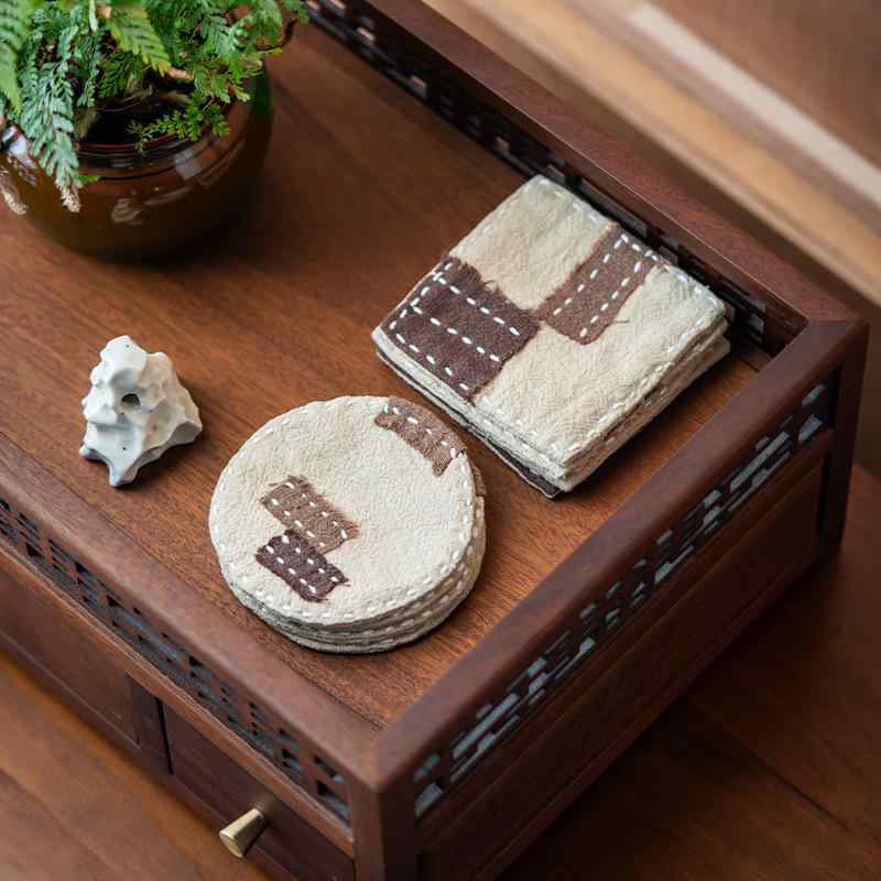 茶托 グラスマット ティーマット 茶道道具 リネン ハンドメイド 断熱 中華風 アプリコット