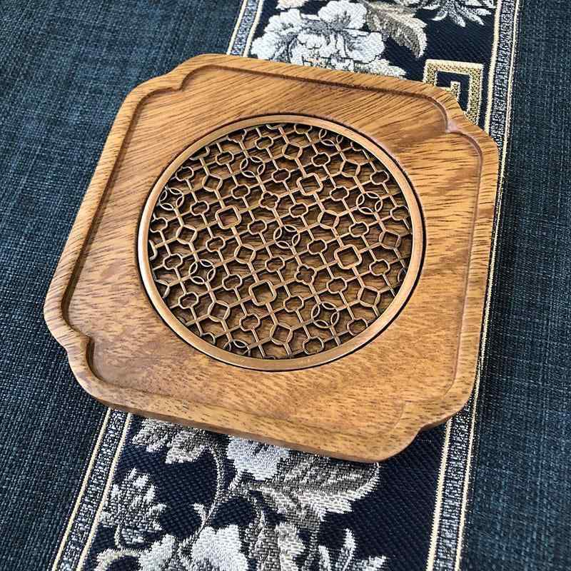 茶托 煎茶道具 胡桃木 梅花 四脚 瓦型 茶盤 貯水式 湯呑み コースター 断熱