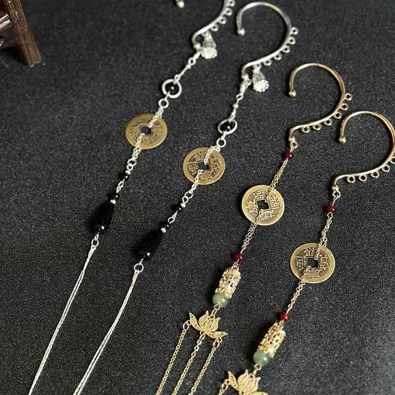 イヤリング レディース 新中国スタイル 古風 漢服 銅貨 イヤーフック イヤーカフ 合金 電気メッキ加工 流蘇 シルバー 文芸復古