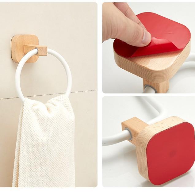 タオルハンガー 木製 バスルーム用 壁掛け 梯形 円形 タオル掛け ステンレス製 白 黒