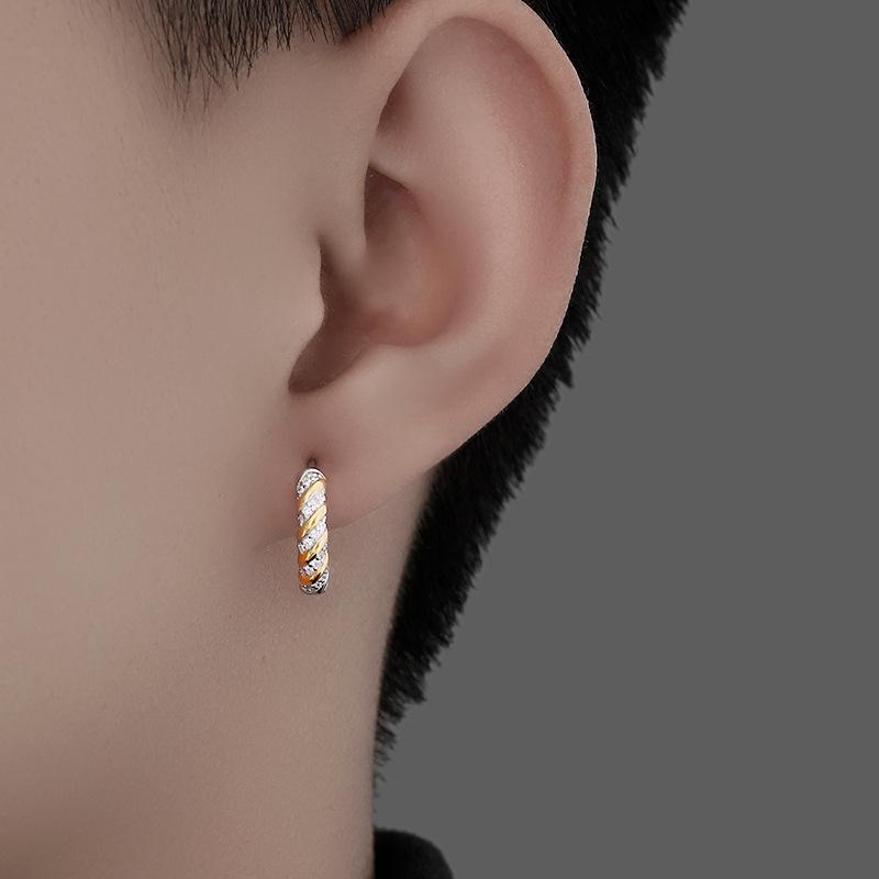 イヤリング メンズ 男性用 シルバー 電気メッキ加工 ジルコニア 幾何学模様 ツイスト フープ イヤーカ..