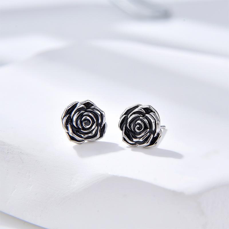 ピアス 男女兼用 黒バラ 925シルバー 山茶花 ドロップピアス イヤリング 高級感 復古 ヴィンテージ 小..