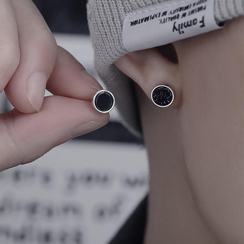 ピアス メンズ 男性用 シルバー999 電気メッキ加工 黒瑪瑙 紫砂石 힙합 個性的 イヤーアクセサリー