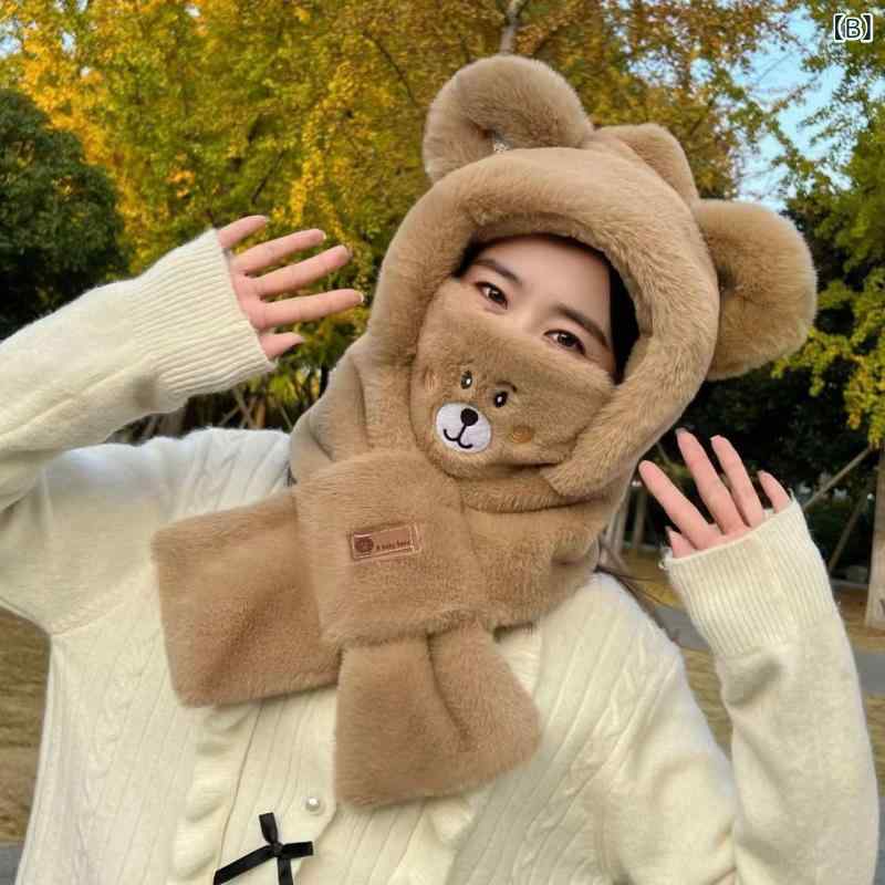帽子 マフラー マスク レディース 冬 小熊 耳付き ネックウォーマー バイク 防寒 保温 3点セット かわいい ふわふわ もこもこ
