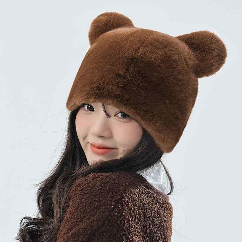 Knit Hat - 帽子 レディース 秋冬 かわいい 小熊猫 耳あて付き 防寒 暖かい フェイクファー ファッション カートゥーン おしゃれ ふわふわ もこもこ 学生 旅行 スキー スノボ