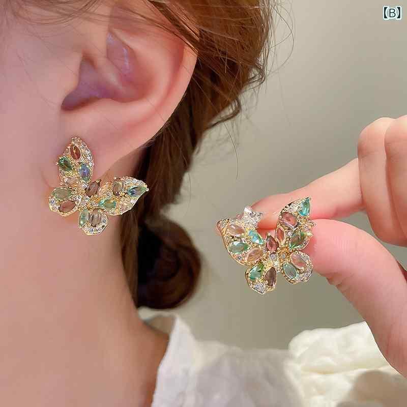 ピアス レディース 蝶 バタフライ ジルコニア シルバー 電気メッキ加工 レッド ブルー 赤 青 カラフル 幾何学模様 ファッション 通勤 OL かわいい
