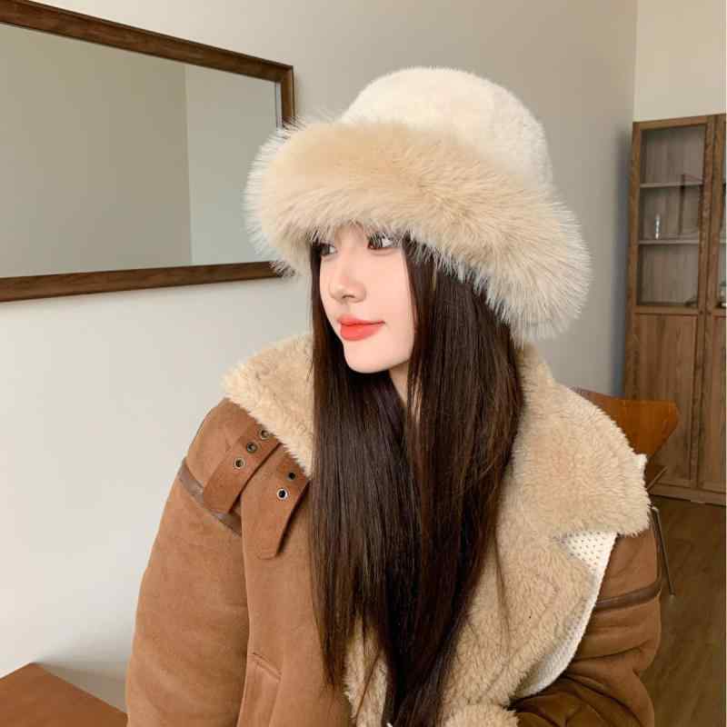 Knit Hat - 帽子 レディース 秋冬 加厚 フェイクファー あったか 防寒 小顔効果 バケットハット ベージュ ブラック オフホワイト カーキ