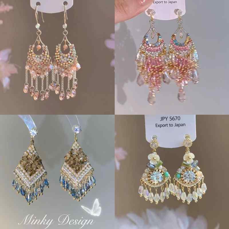 Rubellite - ピアス レディース ヴィンテージ 幾何学模様 タッセル イヤリング 小顔効果 ファッション アクセサリー ベージュ系 ブラウン系 ピンク系 ブルー系 カラフル エレガント 電気メッキ加工