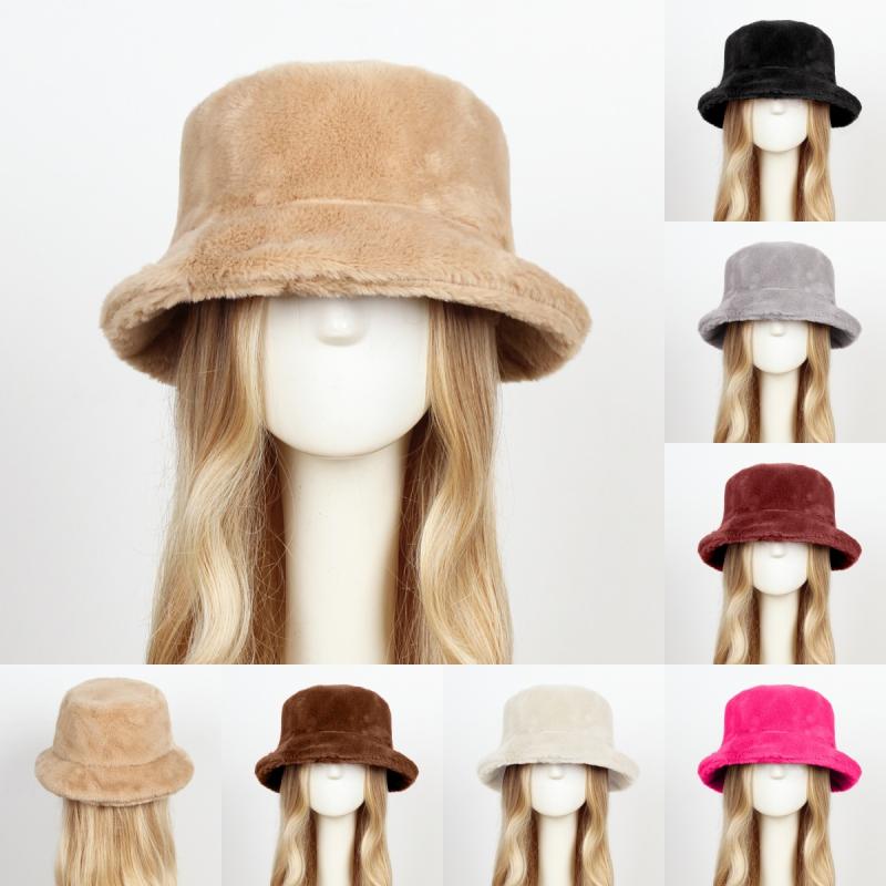 Knit Hat - 帽子 レディース 秋冬 バケットハット 漁夫帽 ファー ふわふわ あったか 防寒 小顔効果 ベージュ グレー ブラック ワインレッド コーヒー色 短つば