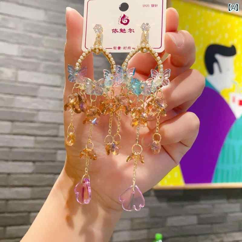 イヤリング レディース 韓国風 手作り 水晶 花 ロング タッセル 銀針 ゆれる 甘め 軽奢 個性的 パープル ピンク系