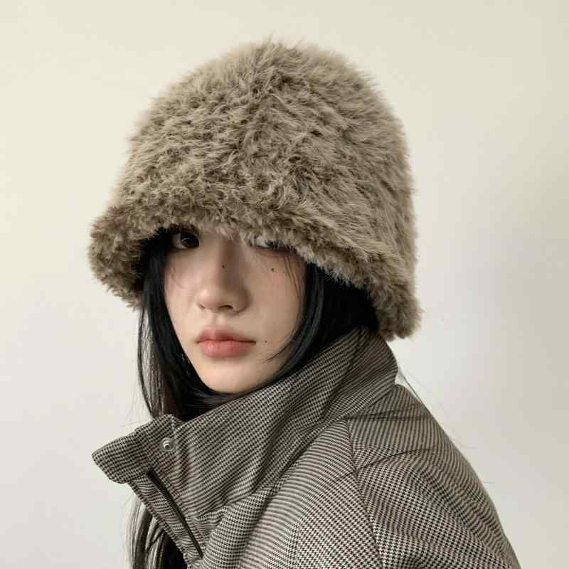 Knit Hat - 帽子 レディース 秋冬 バケットハット 韓国風 かわいい 小顔効果 暖かい 防寒 婦人帽子 ファッション小物 ブラック グレー ベージュ ピンク系 ふわふわ もこもこ 大 голову囲
