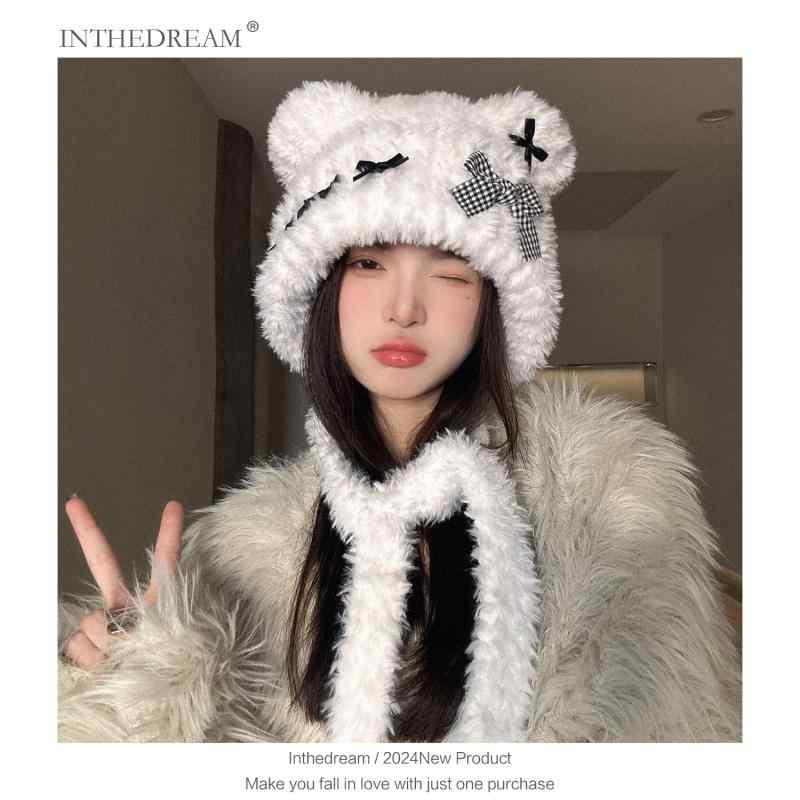 帽子 レディース 秋冬 小熊 蝶結び ボア あったか 防寒 耳当て付き 小顔効果 かわいい 白色 コーヒー色 カーキ色