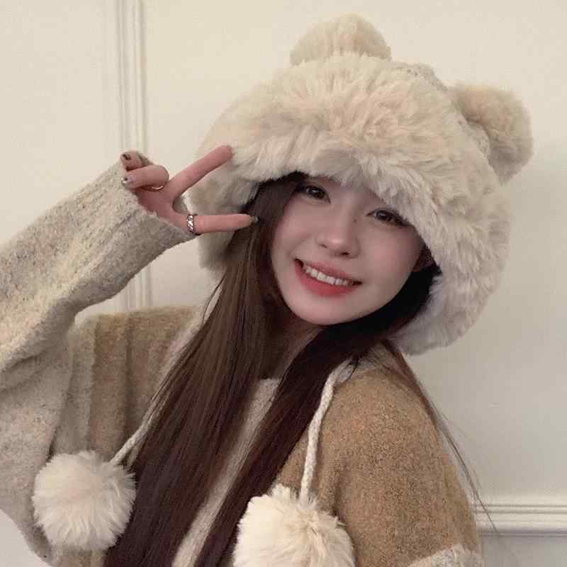 ニット帽 レディース 秋冬 小熊 耳あて付き 防寒 あったか 毛糸 かわいい 淡色 やわらかい ふわふわ ガーリー ゆったり 旅行