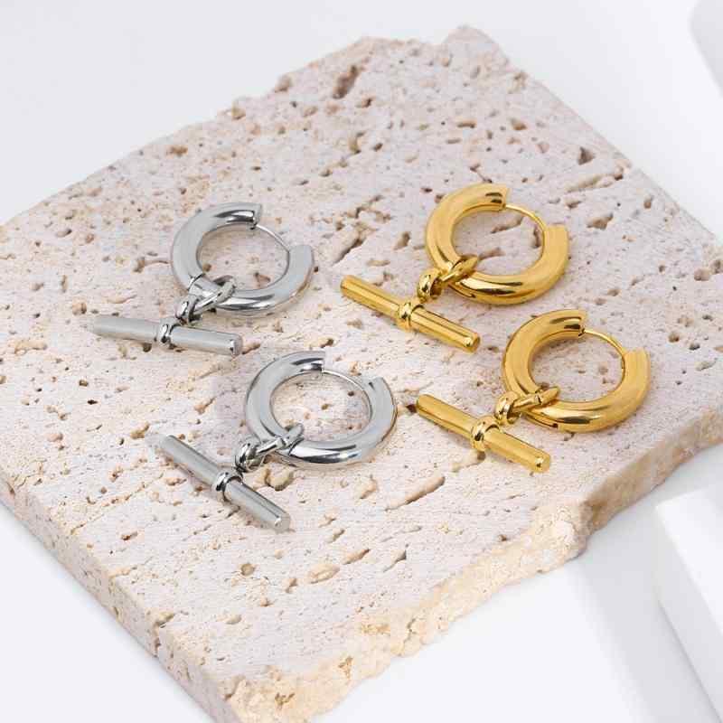 イヤリング レディース 女性用 チタン鋼 幾何学模様 T字型 ドロップピアス サークル 18K 電気メッキ加工 アレルギー対応 オフィス パーティー 結婚式 フォーマル