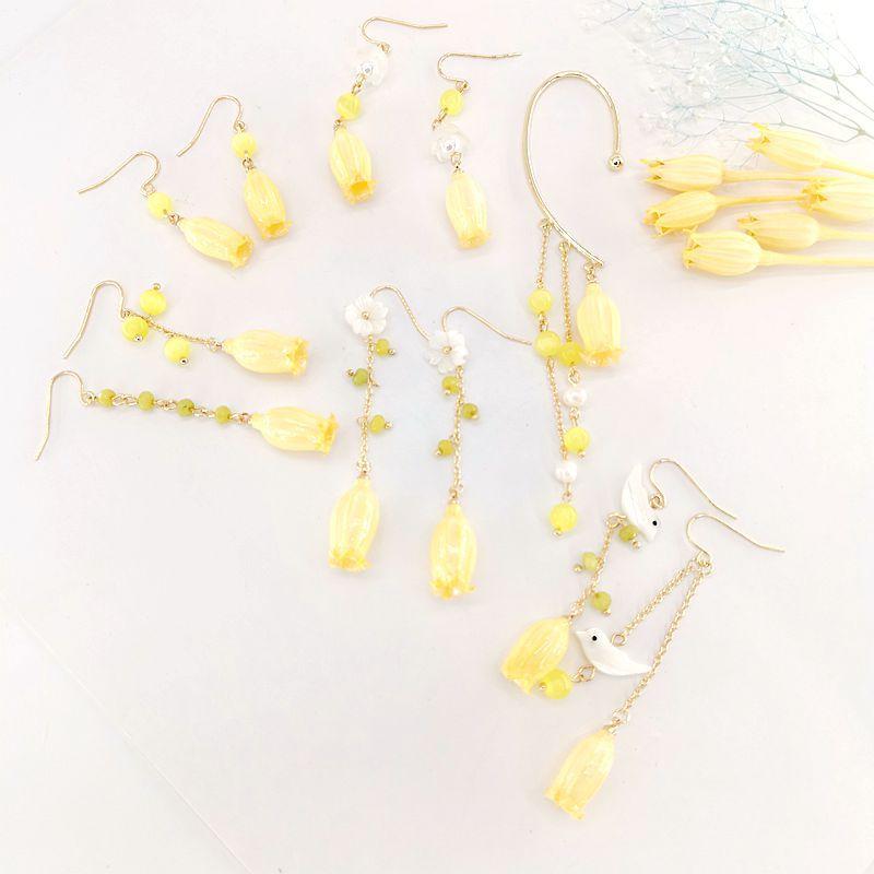 イヤリング レディース 真花 永生花 黄色 風鈴 フルーツ ドロップ レトロ 耳飾り 耳かけ イヤーカフ アシンメトリー 猫目石 シェル 小鳥 中国風 文芸復古