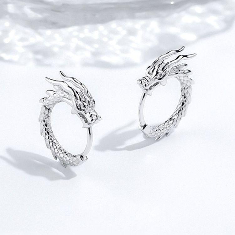 ピアス メンズ 男性用 ドラゴン 龍 シルバー 電気メッキ加工 U形 幾何学模様 個性 新中式