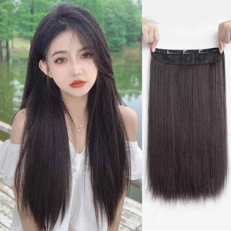 Extension - ヘアピース レディース 5つクリップ ストレート エクステ 女性用 高温耐熱ファイバー 自然 ブラック ダークブラウン ライトブラウン 50cm 60cm 70cm