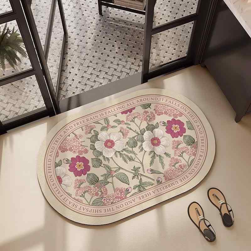マット 吸水速乾 バスマット 珪藻土 美式 花柄 楕円形 滑り止め 洗える トイレ 浴室 耐汚 おしゃれ か..