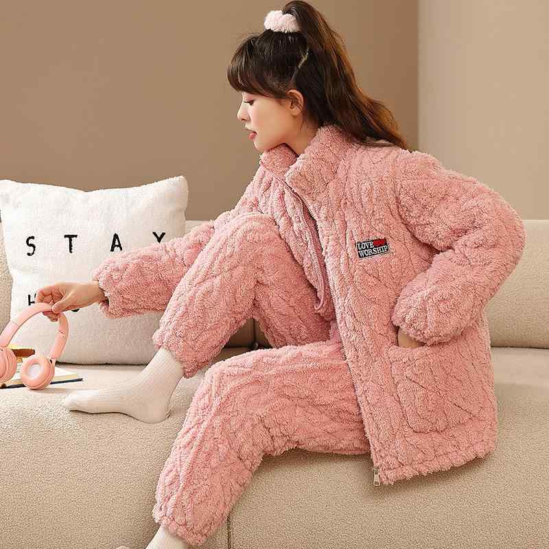 パジャマ レディース 冬用 サンゴフリース 3層 暖か 厚手 裏起毛 ゆったりサイズ 男性用 冬 ホームウェ..