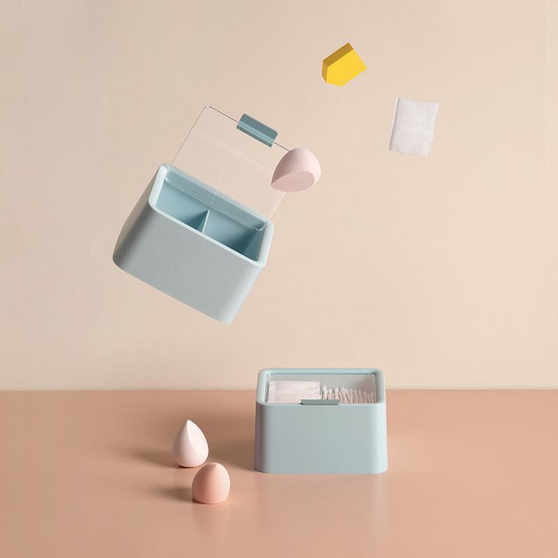 コスメ収納ボックス レディース 卓上 綿棒 口紅 スポンジ パフ 収納ケース フタ付き ブルー ホワイト ピンク 無地