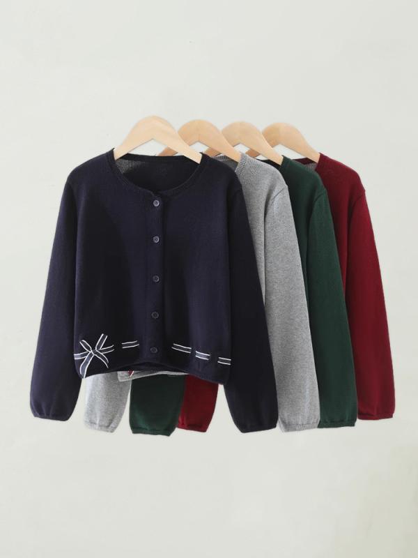 子供服 ニット カーディガン 女の子 スクールカーディガン 綿 薄手 ニットアウター ブリティッシュスタイル グレー 緑 紺 ワインレッド