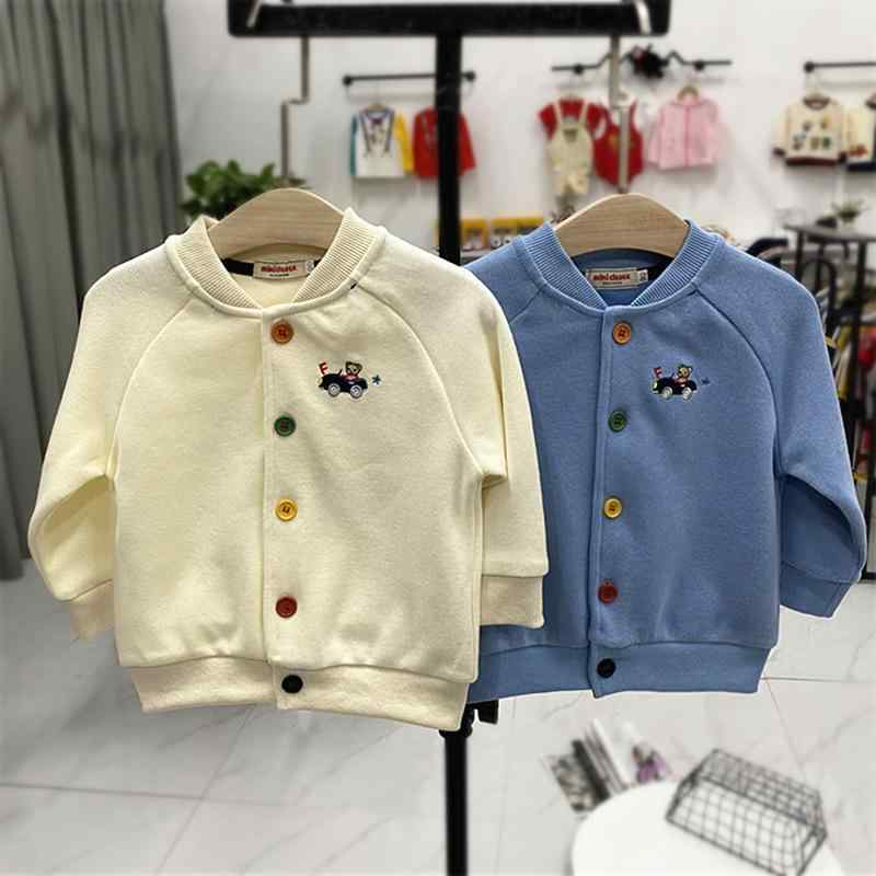 キッズ カーディガン 春秋 長袖 Vネック コットン 小熊 車 ベージュ ブルー 男の子 子供服 トップス