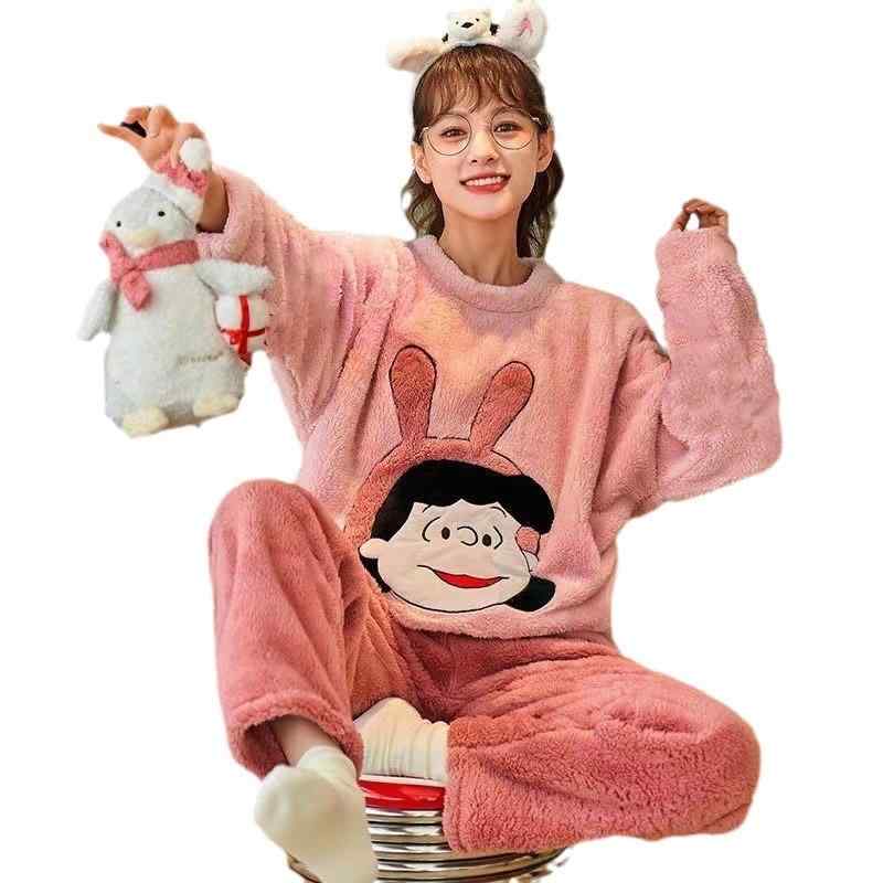 パジャマ レディース 秋冬 長袖 ルームウェア 上下セット フランネル 暖かい かわいい 部屋着 厚手 珊瑚マイヤーベロア ポリエステル クルーネック 丸首 ロングパンツ 熊 テディベア アニマル柄