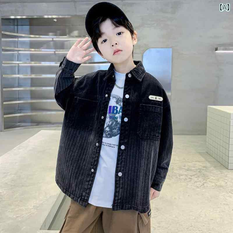 Coat - キッズ 子供服 シャツ ジャケット アウター デニム 縦ストライプ カジュアル ジャンパー ブルゾン 羽織り 秋 ブラック