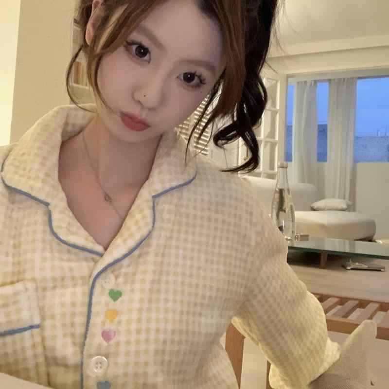 パジャマ レディース 冬用 厚手 暖かい 刺繡 黄色 チェック柄 フリース 襟付き ルームウェア 部屋着 寝..