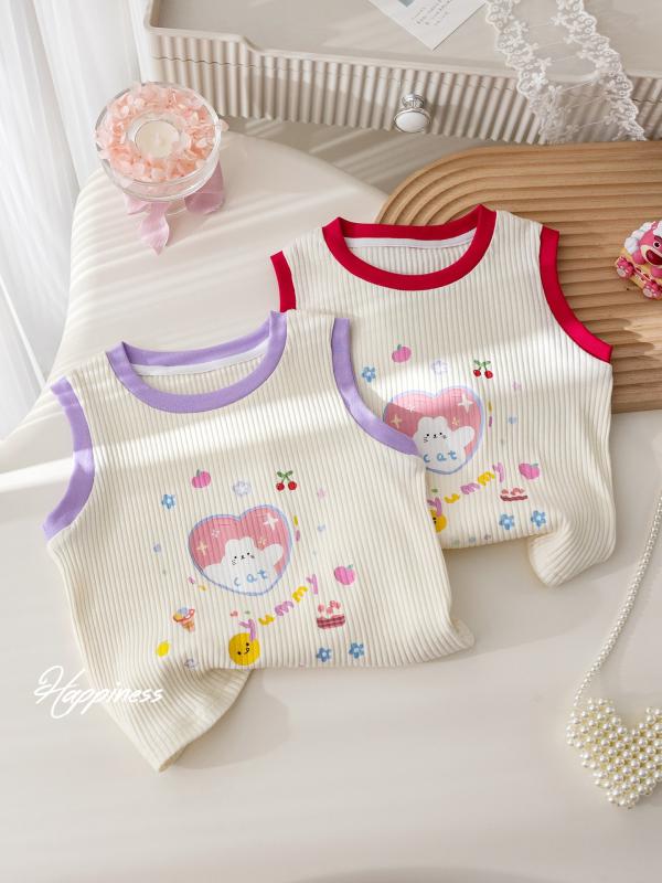 タンクトップ キッズ 女の子 かわいい プリント ノースリーブ Tシャツ 夏服 子供服 おしゃれ コットン 通園 通学 普段使い ピンク系 パープル